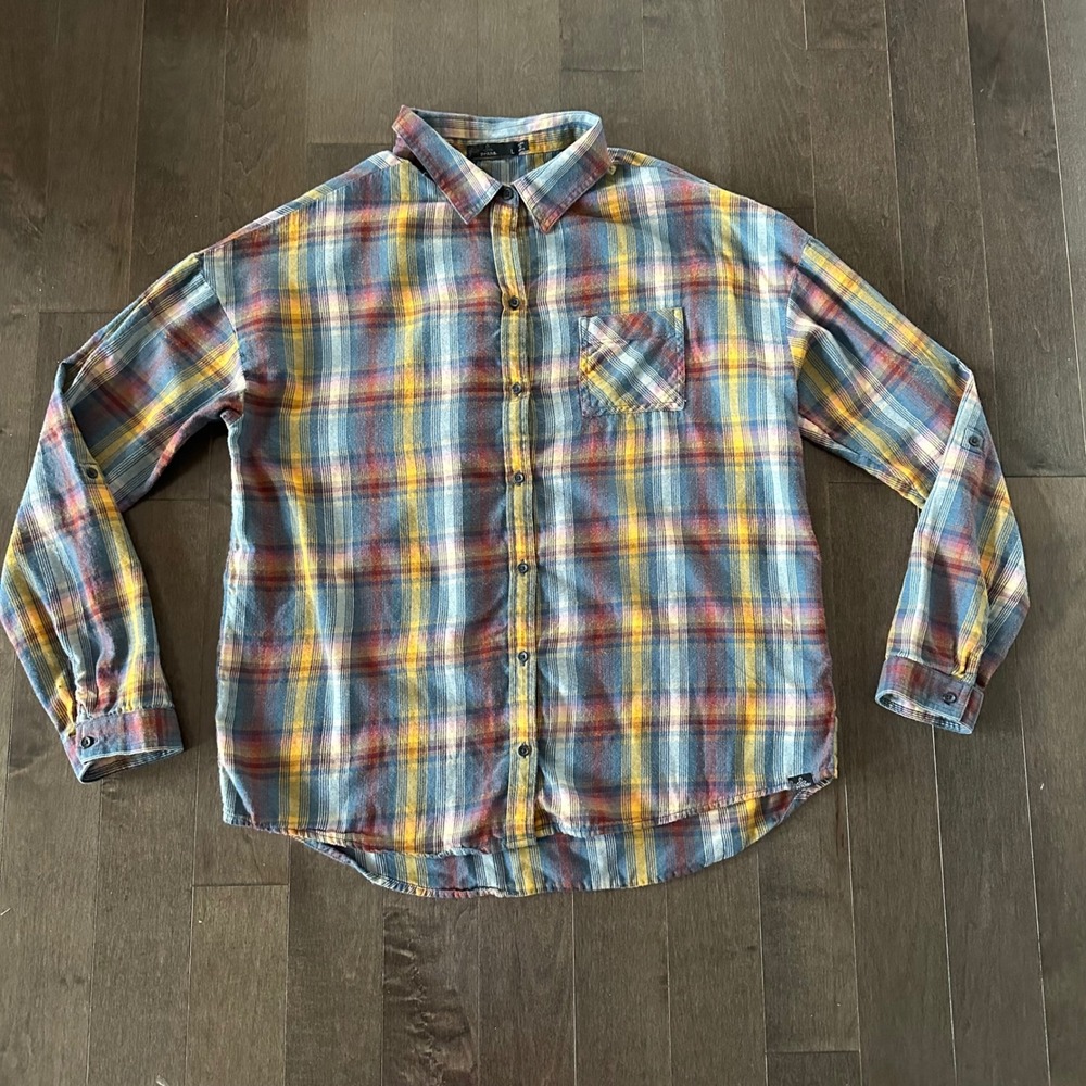 PrAna Womens‎ Plaid Organic Button Down Cozy Outdoor Hiking Granola Girl Blue L